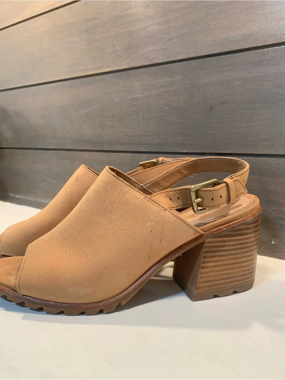 Sorel Tan Leather Open-Toe Slingback Block Heel Sandals